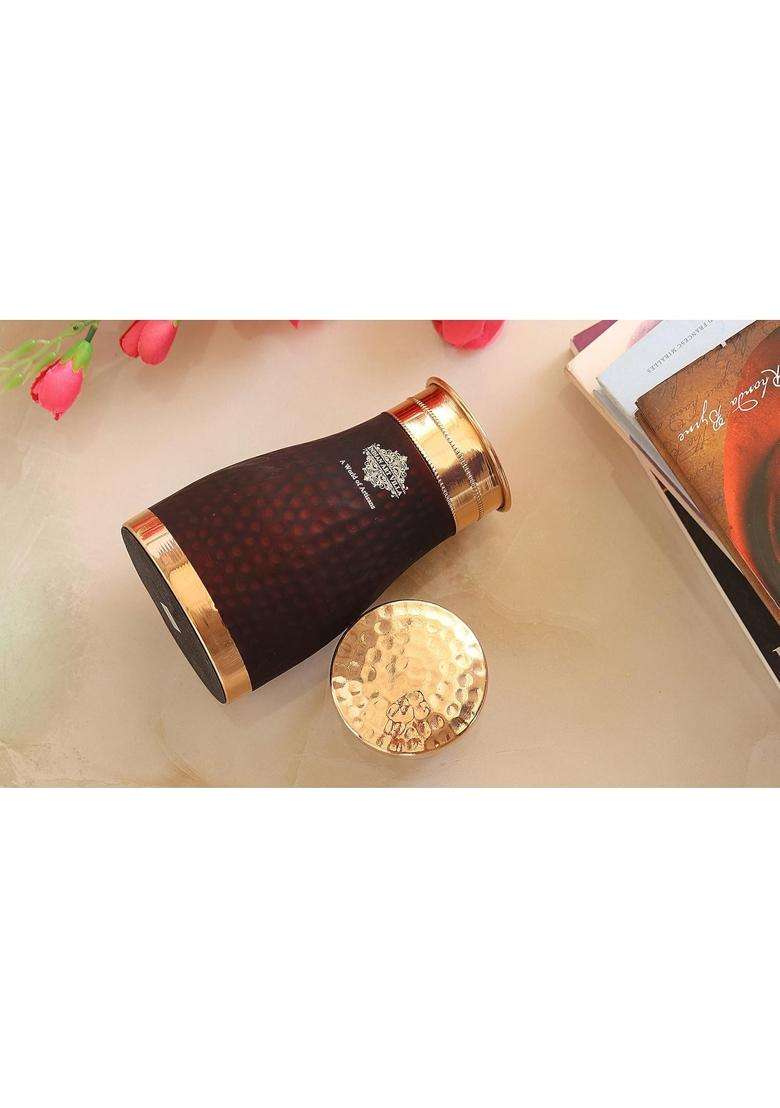 INDIAN ART VILLA Copper Bedroom Water Bottle with Inbuilt Glass | 1000 ml | 33.8 fl oz | Pack of 2 | Hammered Finish - Indya