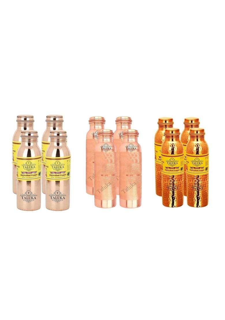 Taluka With T Logo Taluka Handmade Pure Copper Joint Free Leak Proof Water Bottle Drink Ware | 1000 ml | 33.8 fl oz | 12-Piece Set - Indya