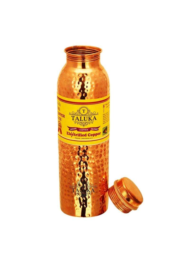 Taluka With T Logo Taluka Handmade Pure Copper Joint Free Leak Proof Water Bottle Drink Ware | 1000 ml | 33.8 fl oz | 12-Piece Set - Indya