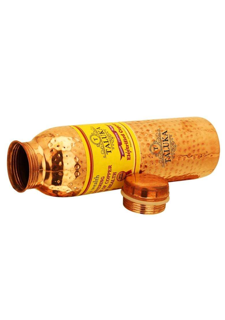 Taluka With T Logo Taluka Handmade Pure Copper Joint Free Leak Proof Water Bottle Drink Ware | 1000 ml | 33.8 fl oz | 12-Piece Set - Indya