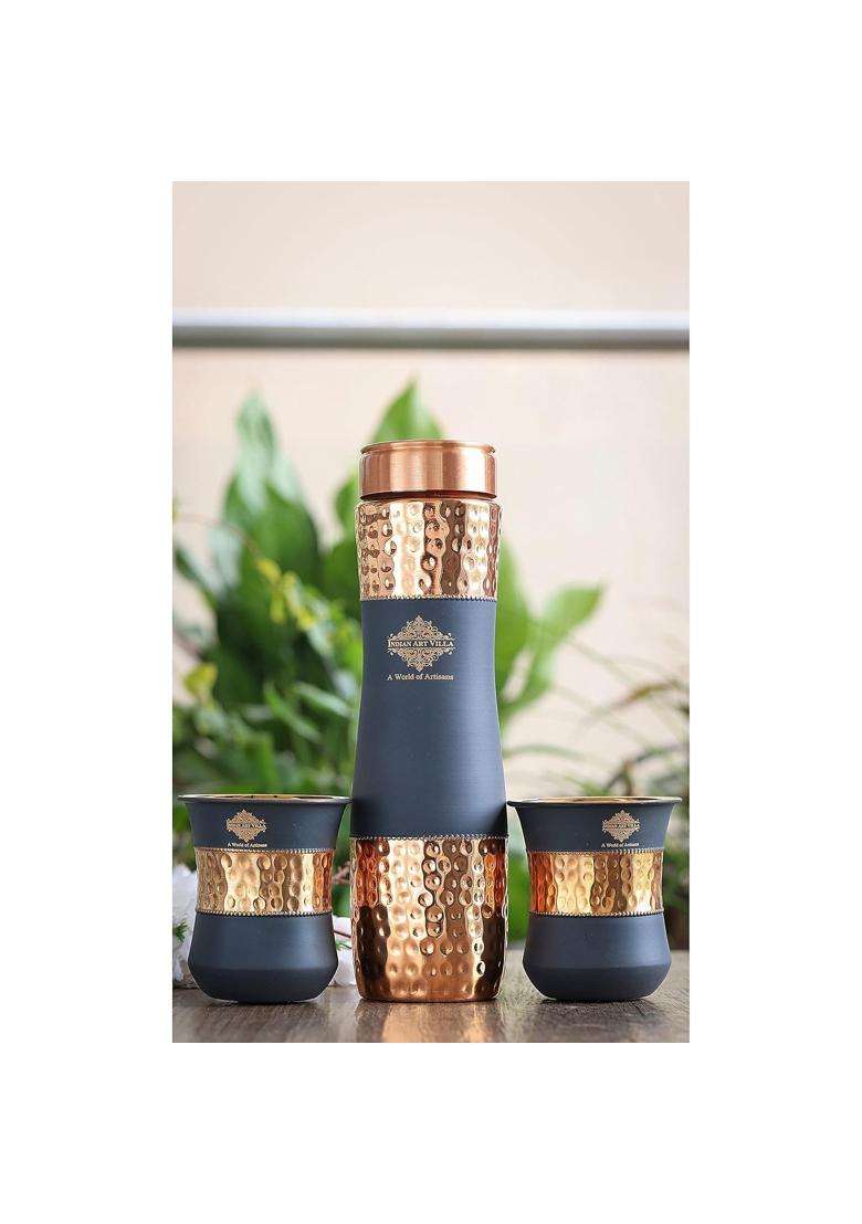 INDIAN ART VILLA Copper Drinkware in Grey Silk Finish | 300 ml | 10.1 fl oz | 2-Piece Set - Indya