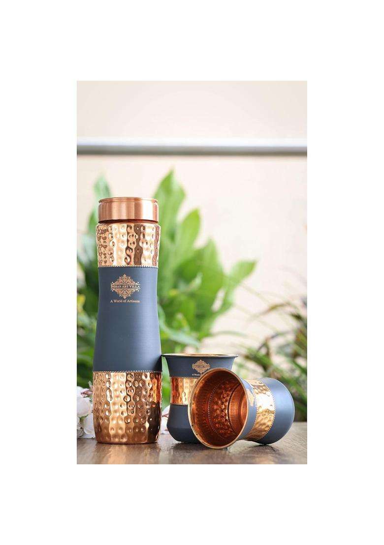 INDIAN ART VILLA Copper Drinkware in Grey Silk Finish | 300 ml | 10.1 fl oz | 2-Piece Set - Indya