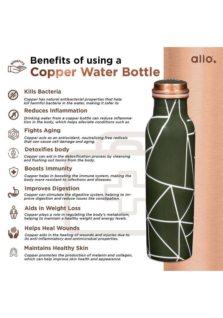 Allo Pure Copper Water Bottle Copper Bottle | 1 L | 1.1 Qt | Leak Proof - Indya