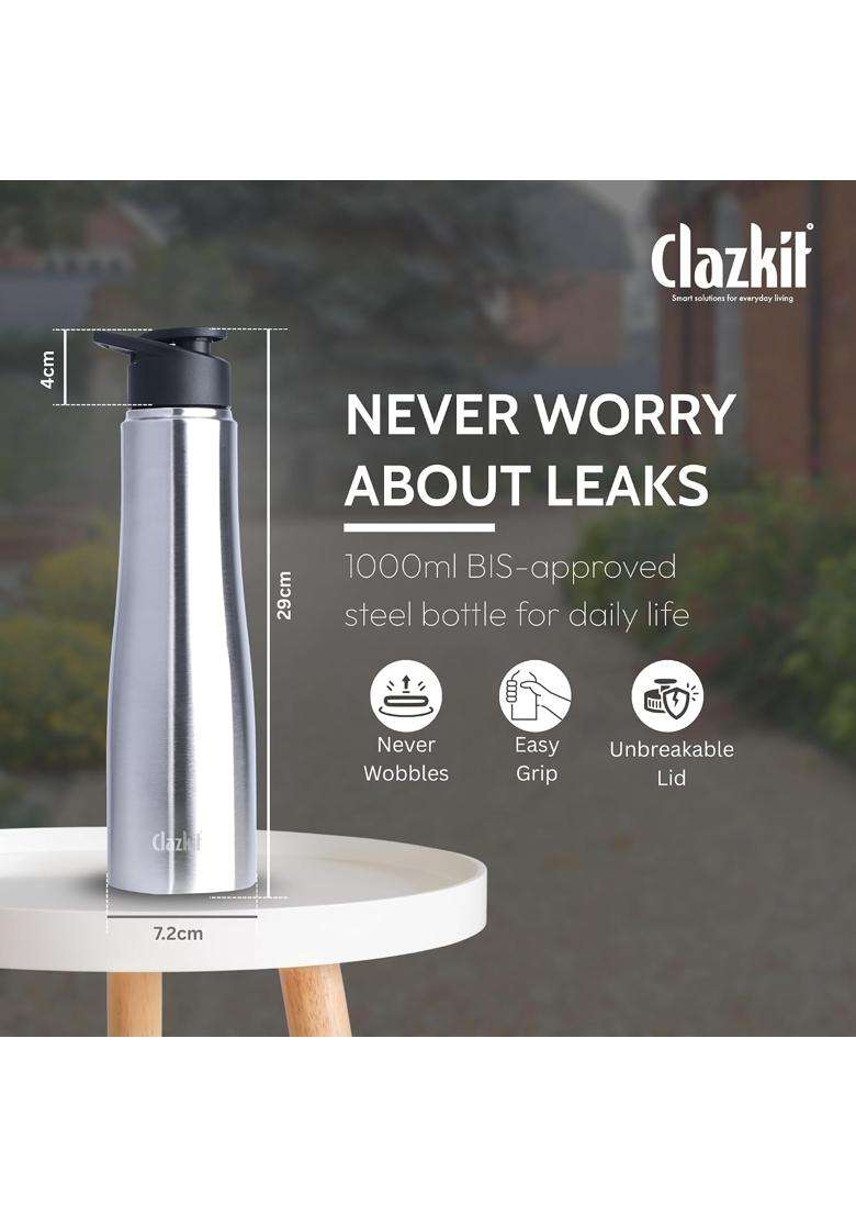 Clazkit Optimus Sporty Stainless Steel Water Bottle | 1000 ml | 33.8 fl oz | BPA Free | Leak Proof | Rust Resistant - Indya