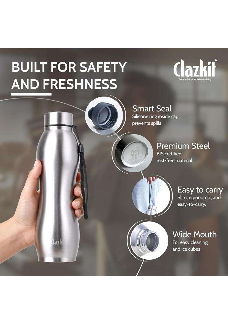 Clazkit Platina Pro Classic Stainless Steel Water Bottle | 1000 ml | 33.8 fl oz | BPA Free | Leak Proof | Rust Resistant - Indya