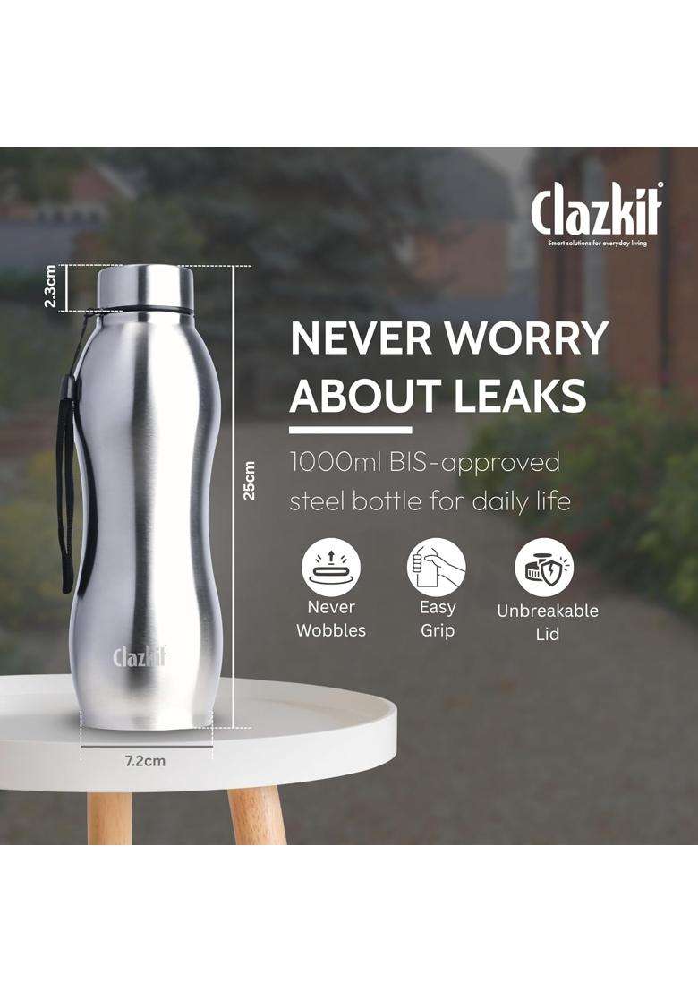 Clazkit Platina Pro Classic Stainless Steel Water Bottle | 1000 ml | 33.8 fl oz | BPA Free | Leak Proof | Rust Resistant - Indya