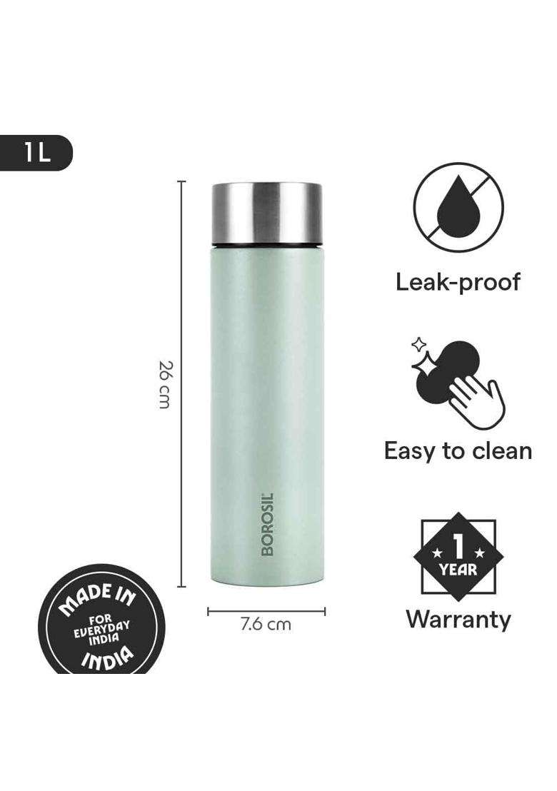 Borosil Hydra Coolsip Mint Stainless Steel Water Bottle | 1000 ml | 33.8 fl oz | Leak Proof - Indya