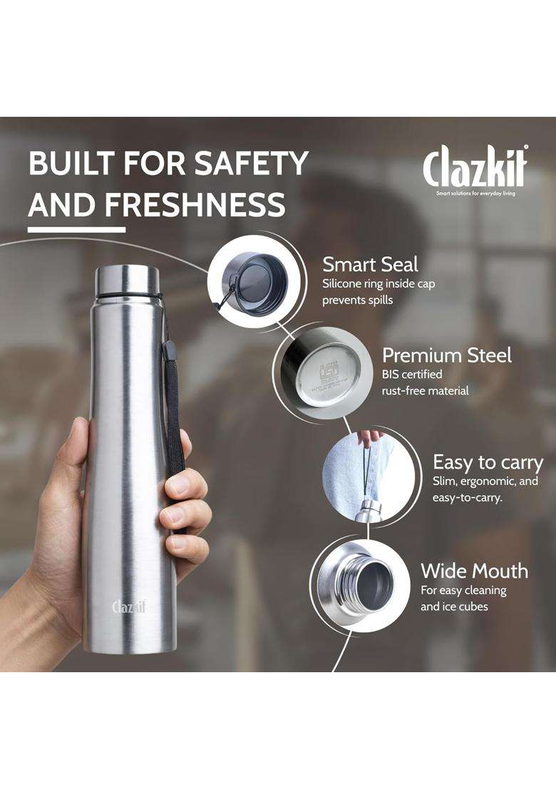 Clazkit Optimus Pro Classic Stainless Steel Water Bottle | 1000 ml | 33.8 fl oz | BPA Free | Leak Proof | Rust Resistant - Indya