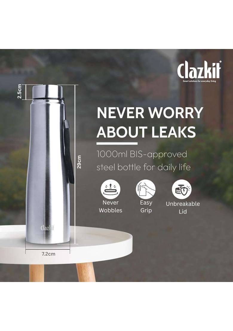 Clazkit Optimus Pro Classic Stainless Steel Water Bottle | 1000 ml | 33.8 fl oz | BPA Free | Leak Proof | Rust Resistant - Indya