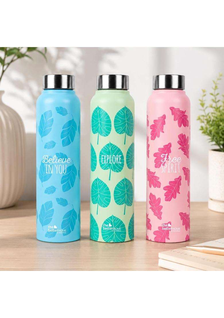 The Better Home Stainless Steel Water Bottle | 1 L | 1.1 Qt | Pack of 3 | BPA Free | Leak Proof | Rust Resistant - Indya