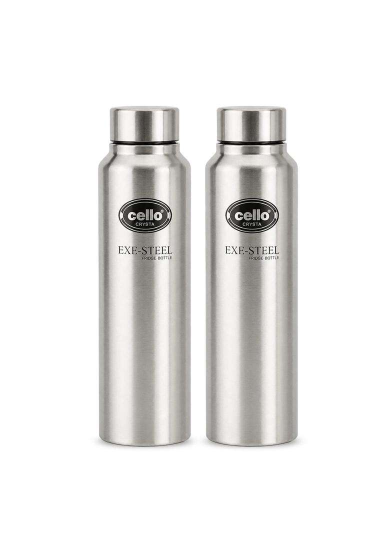 CELLO Crysta Stainless Steel Water Bottle for Daily Use Pcs Silver | 1000 ml | 33.8 fl oz | 2-Piece Set | Leak Proof | Rust Resistant - Indya