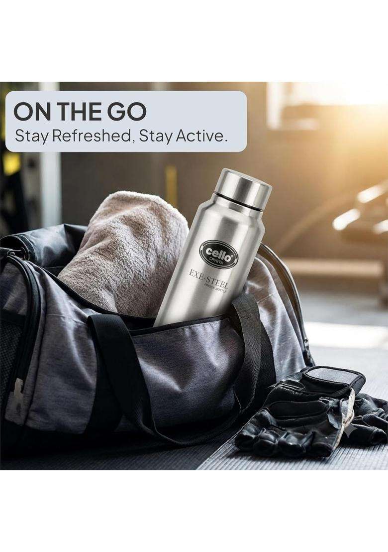 CELLO Crysta Stainless Steel Water Bottle for Daily Use Pcs Silver | 1000 ml | 33.8 fl oz | 2-Piece Set | Leak Proof | Rust Resistant - Indya