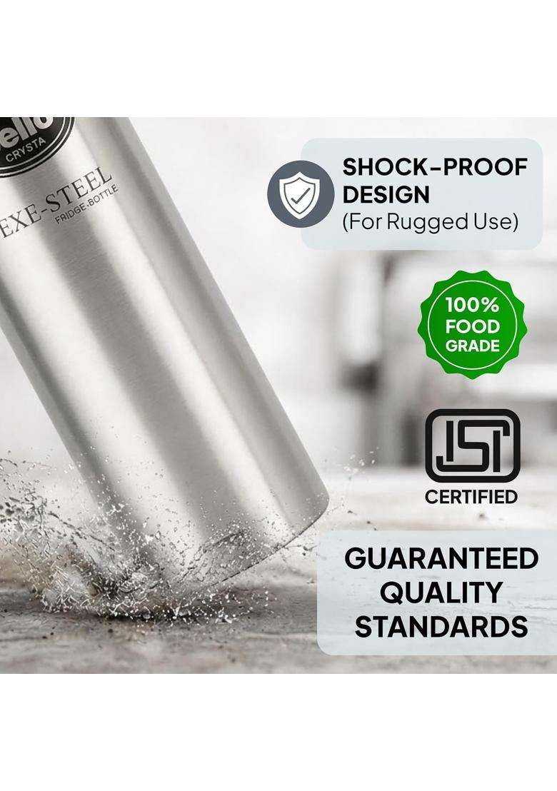 CELLO Crysta Stainless Steel Water Bottle for Daily Use Pcs Silver | 1000 ml | 33.8 fl oz | 2-Piece Set | Leak Proof | Rust Resistant - Indya