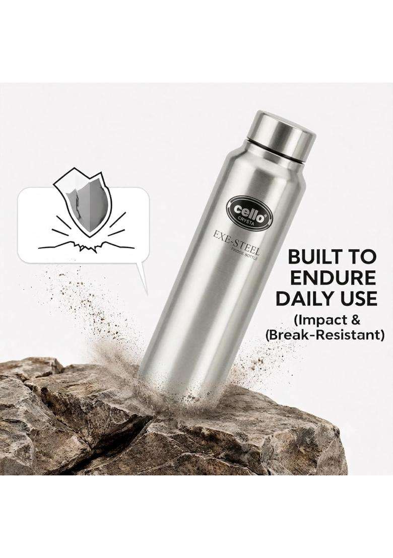 CELLO Crysta Stainless Steel Water Bottle for Daily Use Pcs Silver | 1000 ml | 33.8 fl oz | 2-Piece Set | Leak Proof | Rust Resistant - Indya