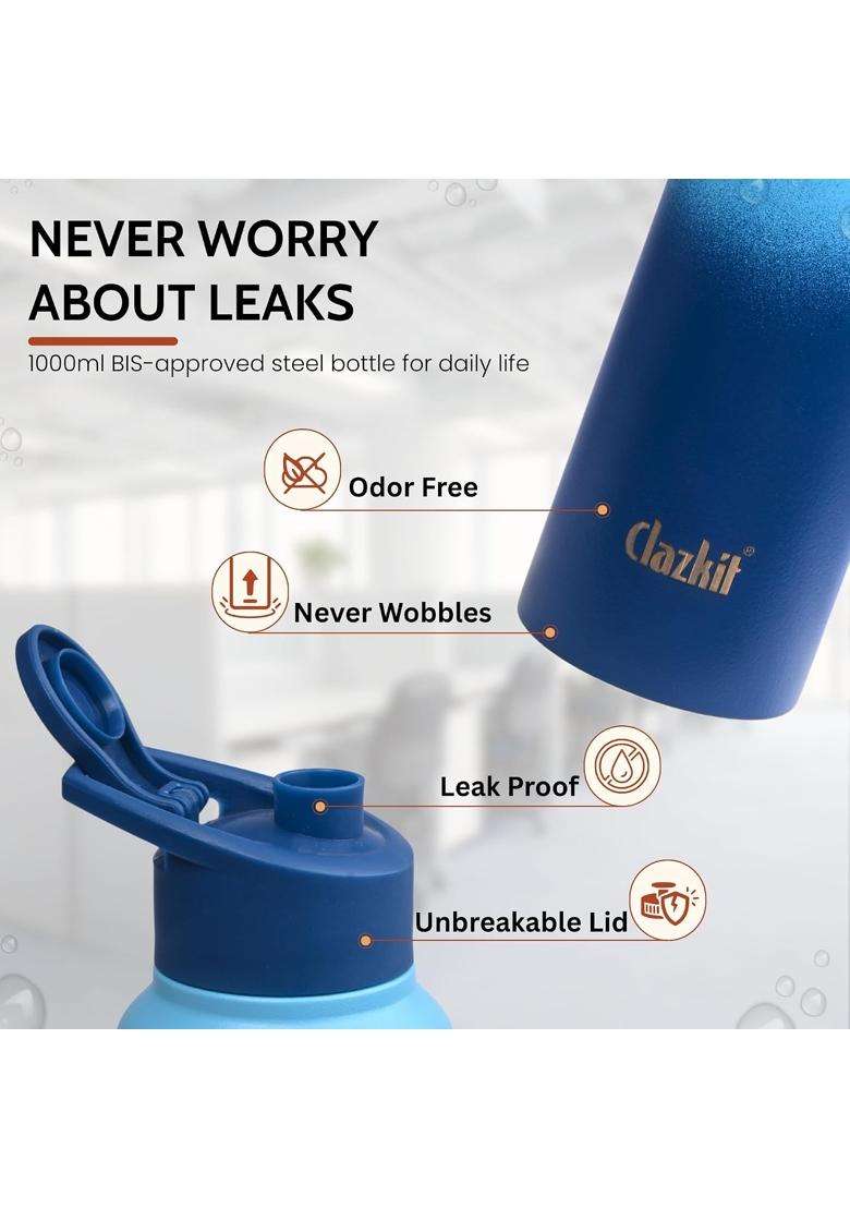 Clazkit Dual Colored Stainless Steel Water Bottle | 1000 ml | 33.8 fl oz | Leak Proof - Indya