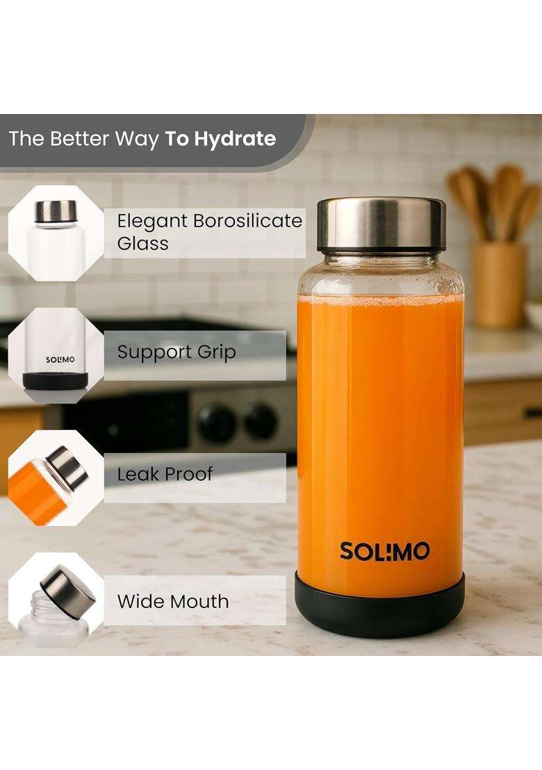 Solimo Amazon Brand Solimo Borosilicate Glass Fridge Water Bottle | 500 ml | 16.9 fl oz | Non-Toxic | Leak Proof - Indya