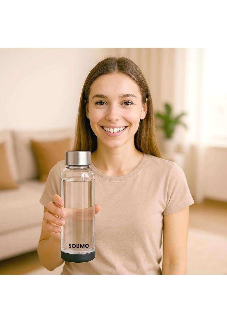 Solimo Amazon Brand Solimo Borosilicate Glass Fridge Water Bottle | 500 ml | 16.9 fl oz | Non-Toxic | Leak Proof - Indya