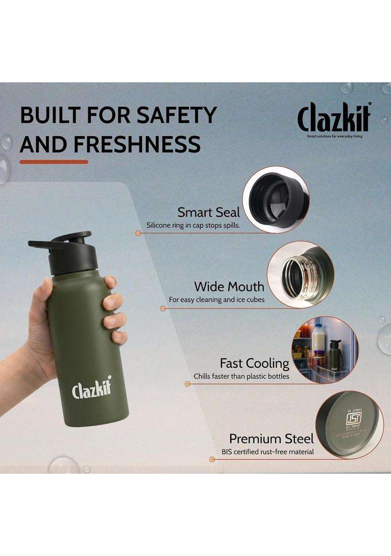 Clazkit Alpha Sporty Stainless Steel Water Bottle Single Wall | 500 ml | 16.9 fl oz | Leak Proof - Indya