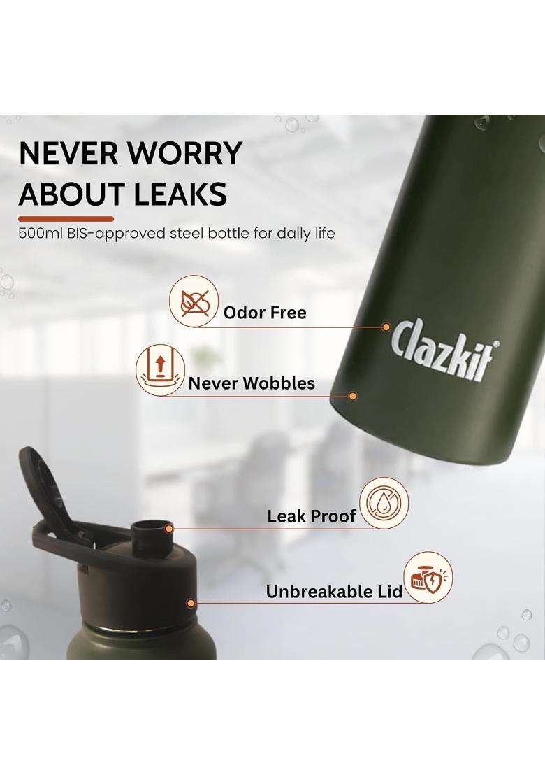 Clazkit Alpha Sporty Stainless Steel Water Bottle Single Wall | 500 ml | 16.9 fl oz | Leak Proof - Indya