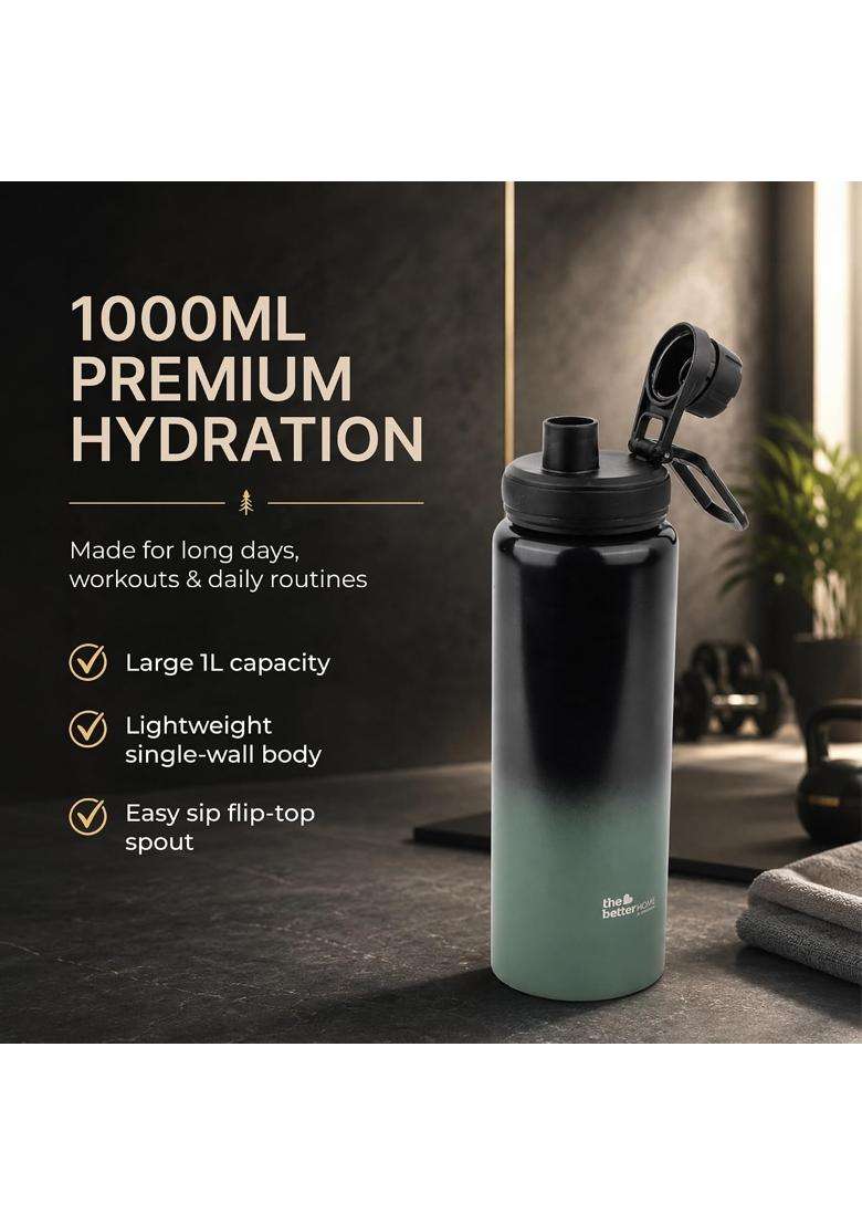 The Better Home Stainless Steel Water Bottle Dual Tone Black and Green Single Wall Lightweight | 1000 ml | 33.8 fl oz | BPA Free | Leak Proof - Indya