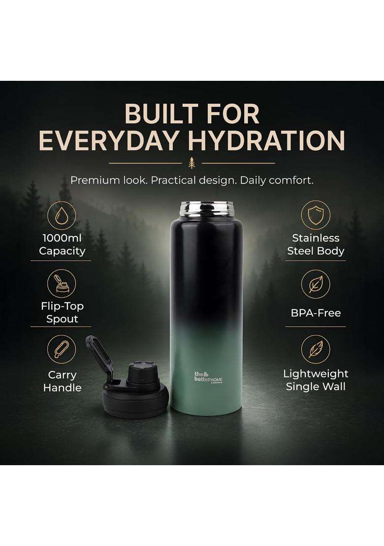 The Better Home Stainless Steel Water Bottle Dual Tone Black and Green Single Wall Lightweight | 1000 ml | 33.8 fl oz | BPA Free | Leak Proof - Indya
