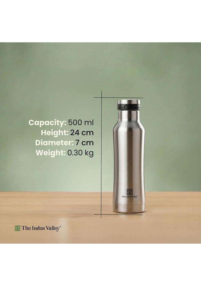 The Indus Valley Stainless Steel Vacuum Insulated Water Bottle with Pressy Flip Lid | 500 ml | 16.9 fl oz | Leak Proof | Rust Resistant - Indya