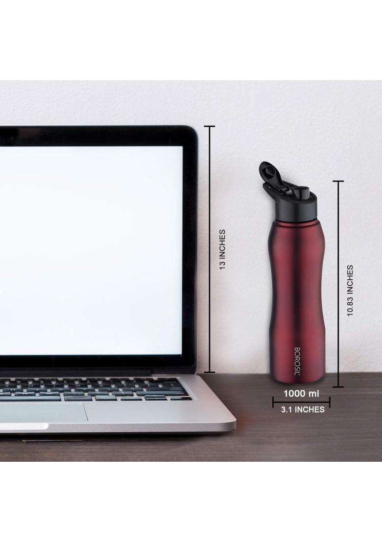 Borosil Hydra Grip N Sip Stainless Steel Water Bottle | 1000 ml | 33.8 fl oz | Leak Proof - Indya