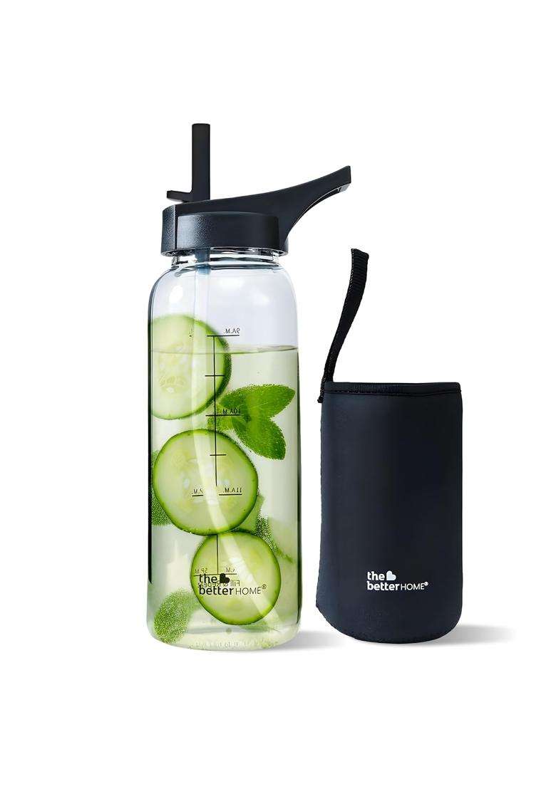 The Better Home Borosilicate Sipper Water Bottle with Anti Slip Cover Sleeve | 1 L | 1.1 Qt | BPA Free | Leak Proof - Indya
