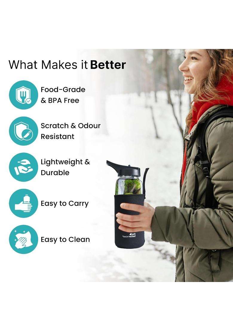 The Better Home Borosilicate Sipper Water Bottle with Anti Slip Cover Sleeve | 1 L | 1.1 Qt | BPA Free | Leak Proof - Indya