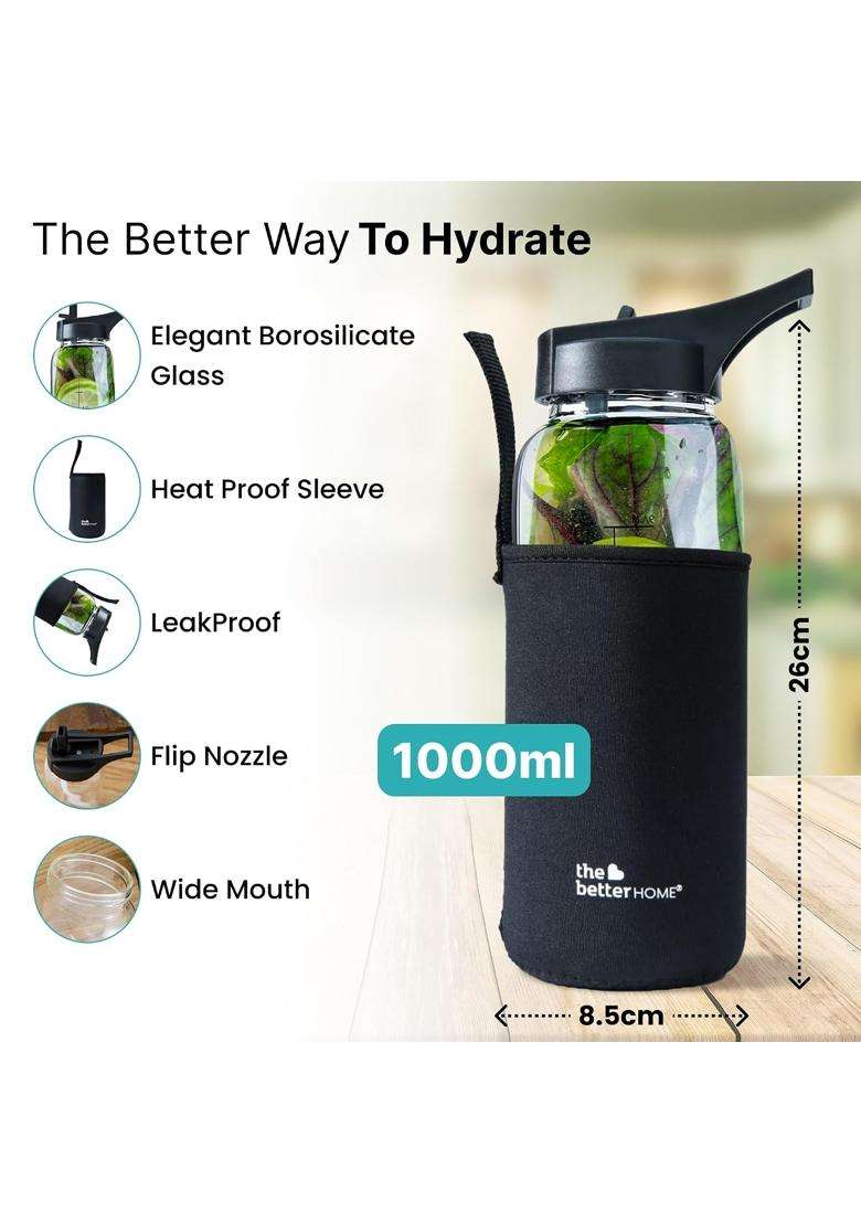 The Better Home Borosilicate Sipper Water Bottle with Anti Slip Cover Sleeve | 1 L | 1.1 Qt | BPA Free | Leak Proof - Indya