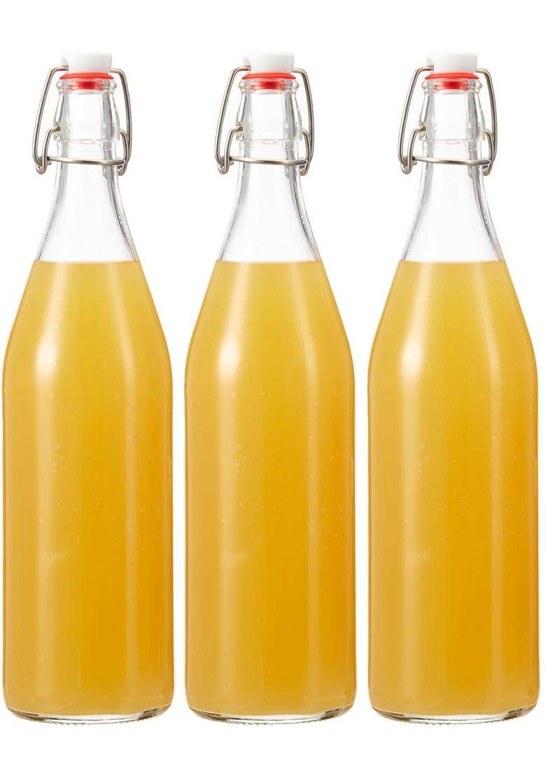 Solimo Amazon Brand Solimo Glass Water Bottle with Flip Top Cap for Water | 1000 ml | 33.8 fl oz | 3-Piece Set | Leak Proof - Indya