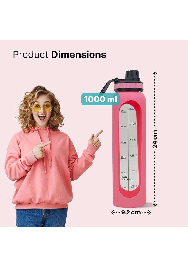 The Better Home Sipper Water Bottle Borosilicate Glass | 1000 ml | 33.8 fl oz | BPA Free | Leak Proof - Indya
