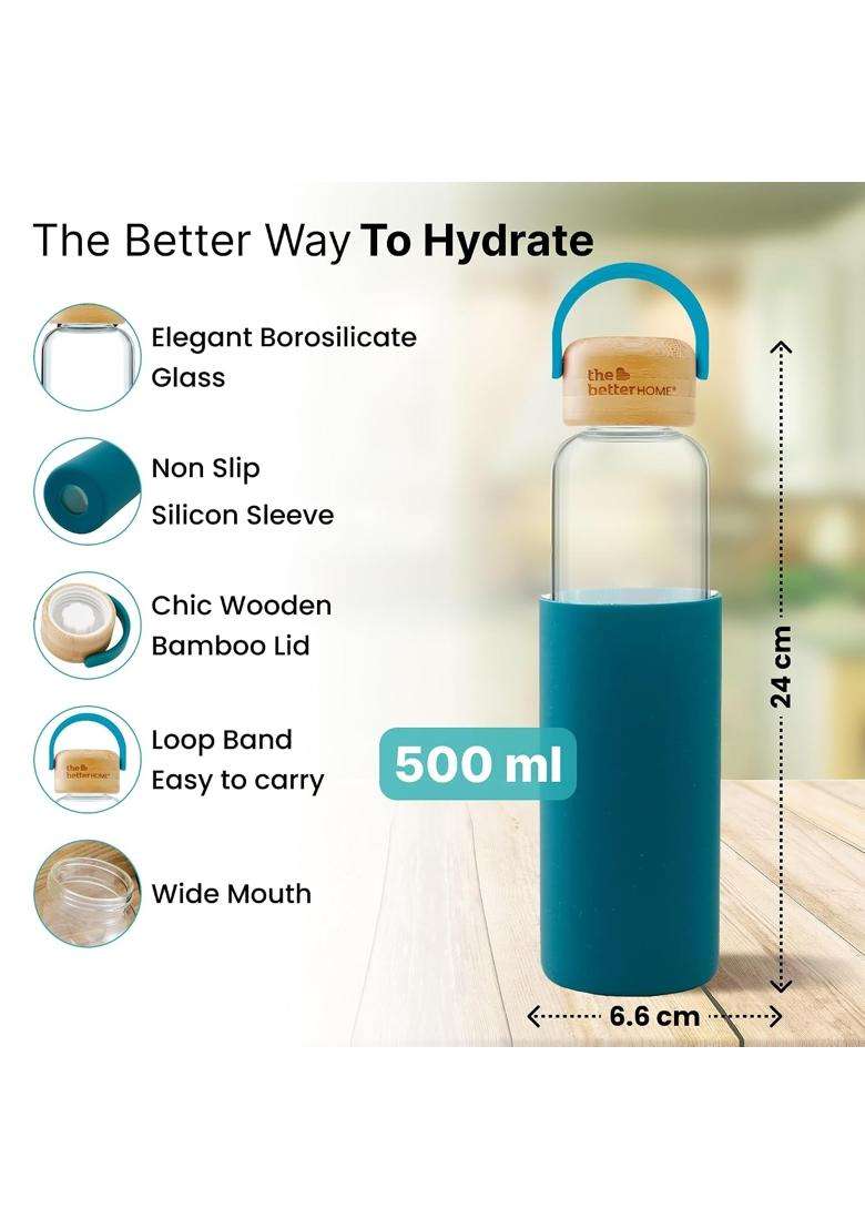 The Better Home Borosilicate Glass Water Bottle with Sleeve | 500 ml | 16.9 fl oz - Indya