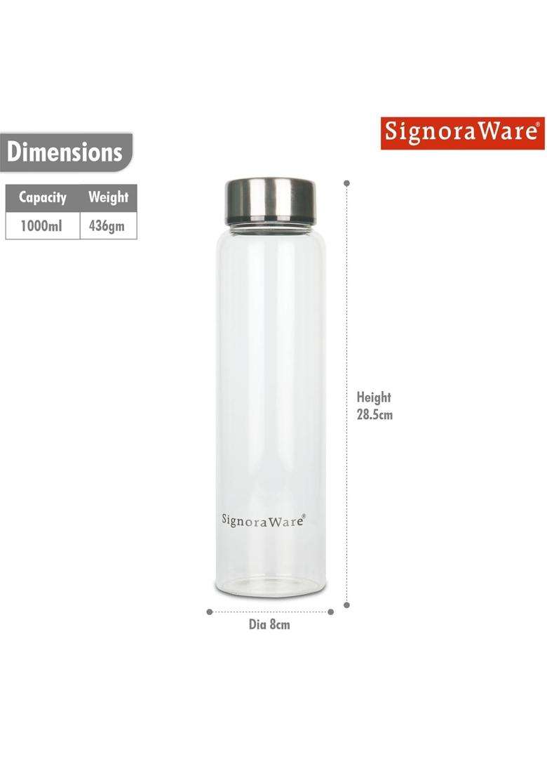SIGNORA WARE Signoraware Element Borosilicate Glass Bottle with Screw Cap | 1 L | 1.1 Qt | Dishwasher Safe | Microwave Safe | Leak Proof - Indya