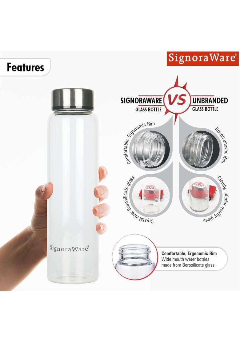 SIGNORA WARE Signoraware Element Borosilicate Glass Bottle with Screw Cap | 1 L | 1.1 Qt | Dishwasher Safe | Microwave Safe | Leak Proof - Indya