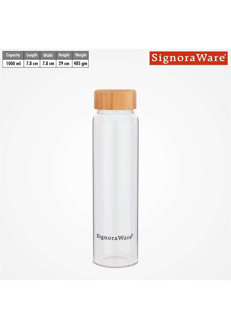 SIGNORA WARE SignoraWare Bamboo Borosilicate Glass Water Bottle with Screw Cap | 1 L | 1.1 Qt - Indya