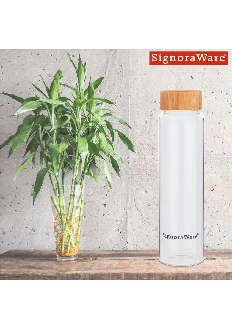 SIGNORA WARE SignoraWare Bamboo Borosilicate Glass Water Bottle with Screw Cap | 1 L | 1.1 Qt - Indya