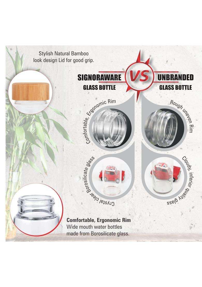 SIGNORA WARE SignoraWare Bamboo Borosilicate Glass Water Bottle with Screw Cap | 1 L | 1.1 Qt - Indya