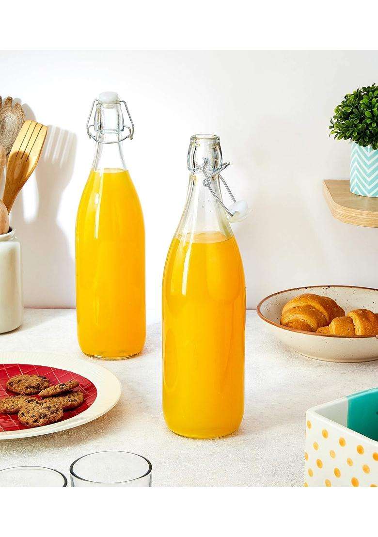 Solimo Amazon Brand Solimo Silica Glass Bottle with Flip Cap | 1 L | 1.1 Qt | 2-Piece Set - Indya