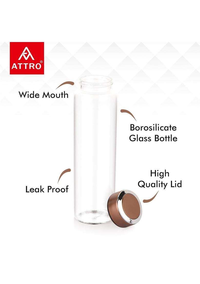 ATTRO Glassox Borosilicate Glass Bottle with Copper ABS Lid Fridge Bottle for Juicies | 1000 ml | 33.8 fl oz | Leak Proof - Indya