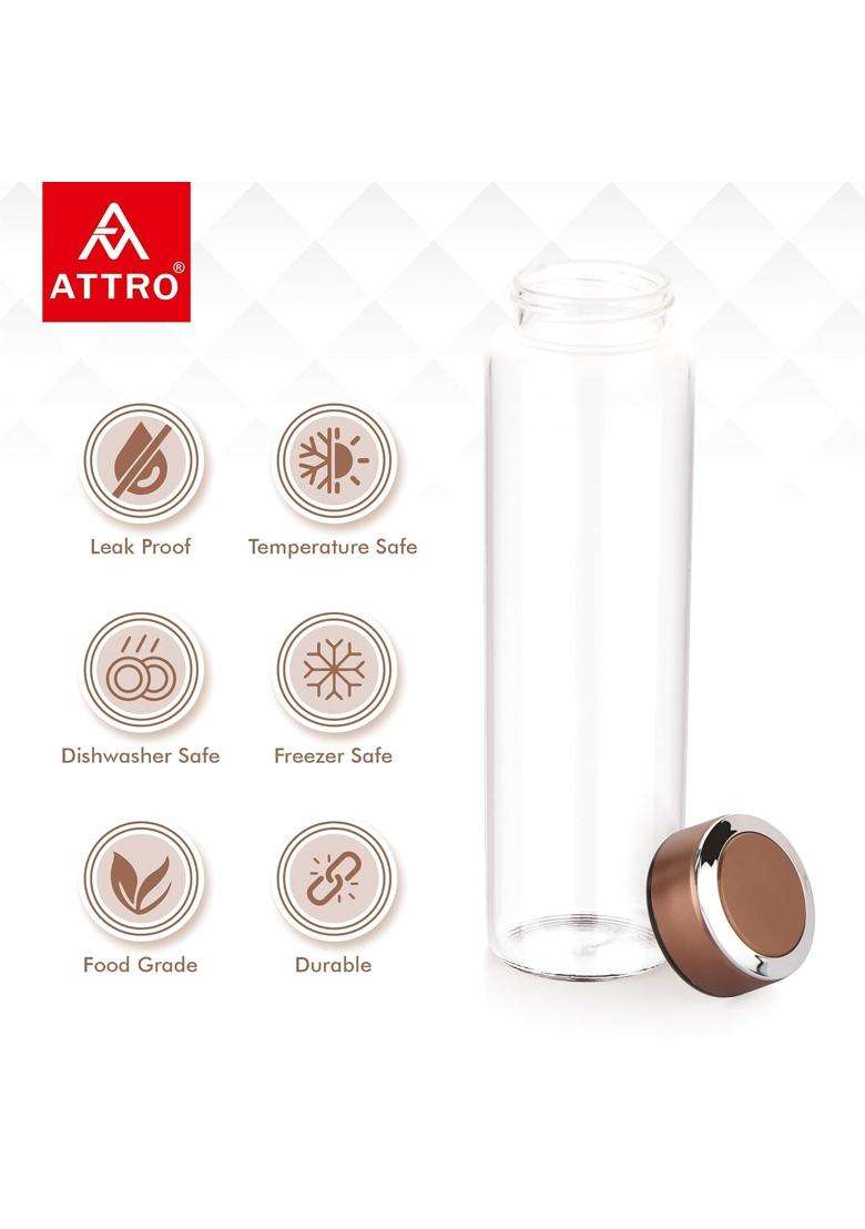 ATTRO Glassox Borosilicate Glass Bottle with Copper ABS Lid Fridge Bottle for Juicies | 1000 ml | 33.8 fl oz | Leak Proof - Indya