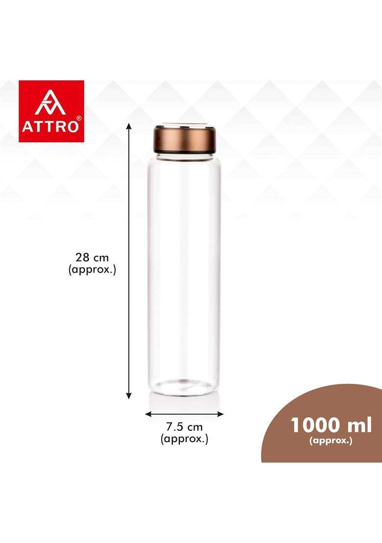 ATTRO Glassox Borosilicate Glass Bottle with Copper ABS Lid Fridge Bottle for Juicies | 1000 ml | 33.8 fl oz | Leak Proof - Indya