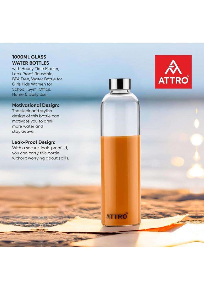ATTRO Glassox Cleara High Borosilicate Screw Glass Bottle with Stainless Steel Lid | 1000 ml | 33.8 fl oz | Leak Proof - Indya