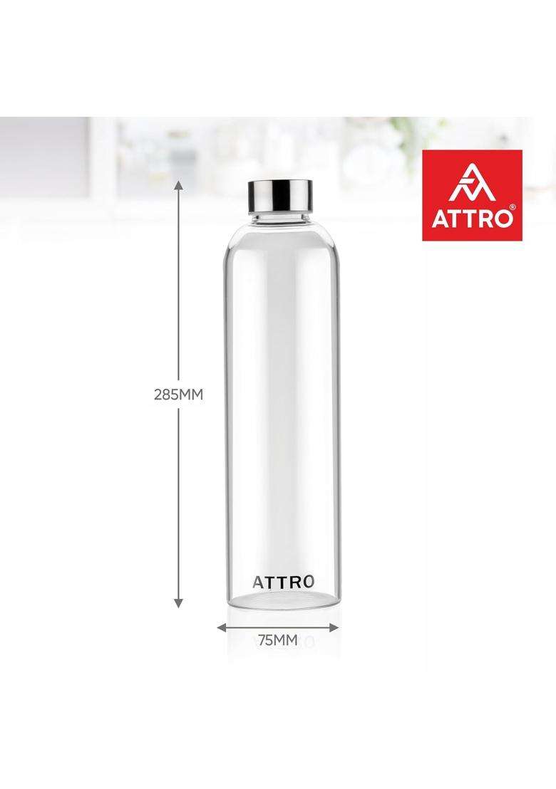 ATTRO Glassox Cleara High Borosilicate Screw Glass Bottle with Stainless Steel Lid | 1000 ml | 33.8 fl oz | Leak Proof - Indya
