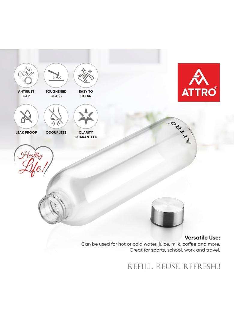 ATTRO Glassox Cleara High Borosilicate Screw Glass Bottle with Stainless Steel Lid | 1000 ml | 33.8 fl oz | Leak Proof - Indya