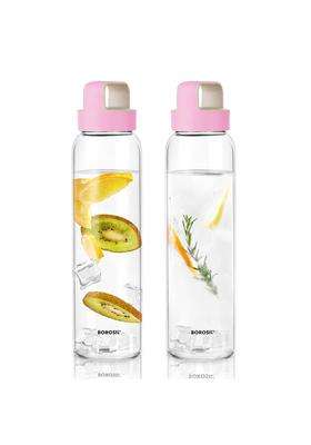 Borosil Crysto Borosilicate Glass Bottle with Husk Pink Lid | 1 L | 1.1 Qt | Pack of 2