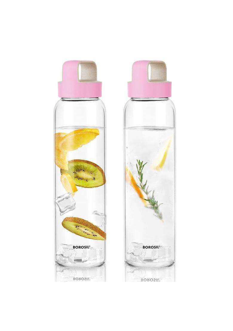 Borosil Crysto Borosilicate Glass Bottle with Husk Pink Lid | 1 L | 1.1 Qt | Pack of 2 - Indya