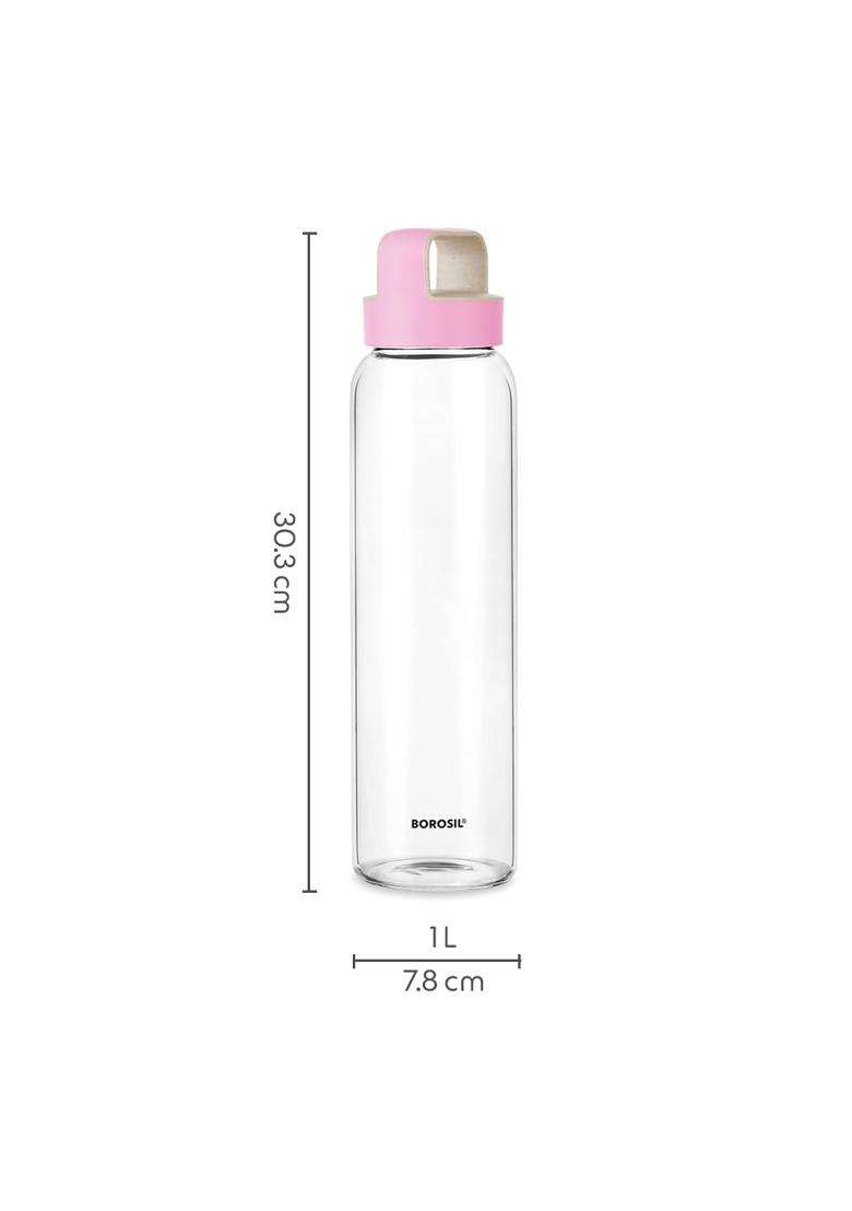 Borosil Crysto Borosilicate Glass Bottle with Husk Pink Lid | 1 L | 1.1 Qt | Pack of 2 - Indya