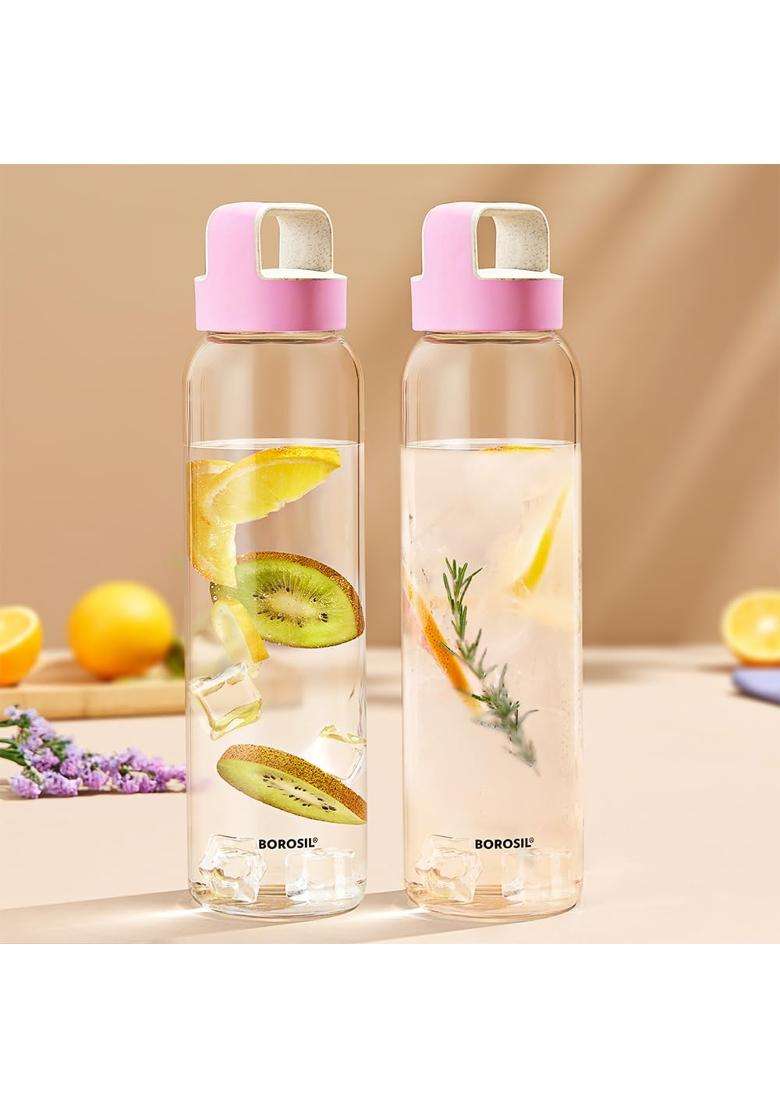 Borosil Crysto Borosilicate Glass Bottle with Husk Pink Lid | 1 L | 1.1 Qt | Pack of 2 - Indya
