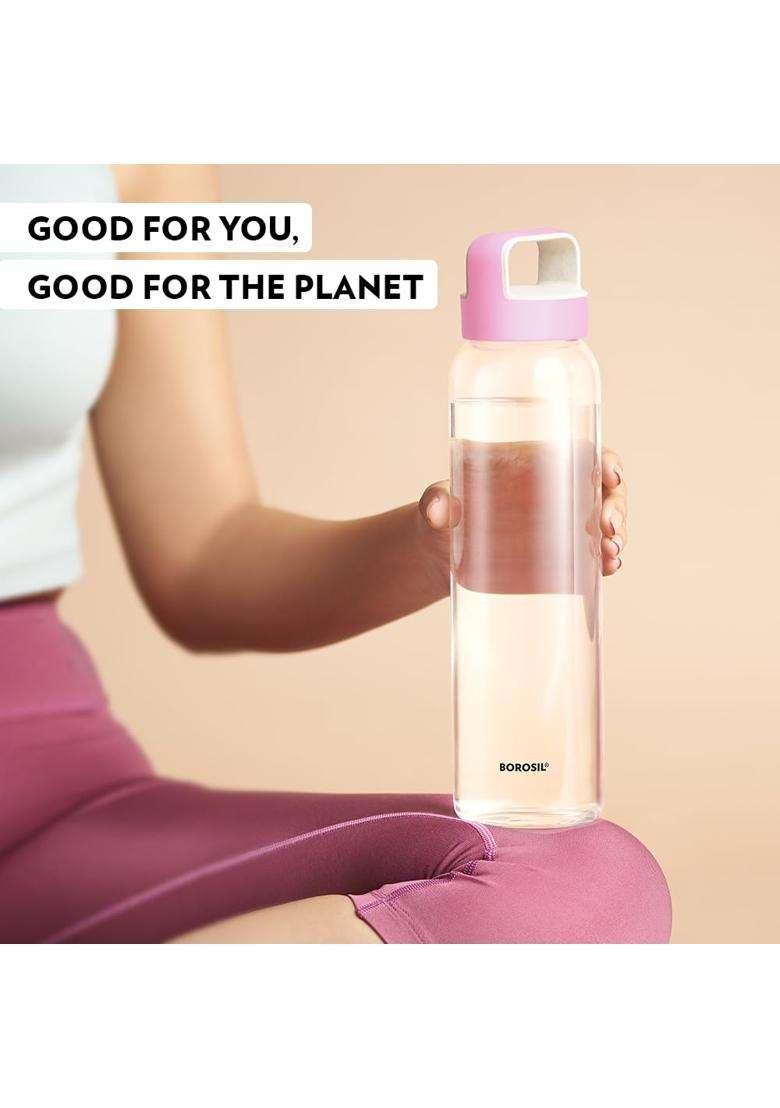 Borosil Crysto Borosilicate Glass Bottle with Husk Pink Lid | 1 L | 1.1 Qt | Pack of 2 - Indya